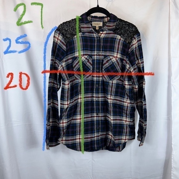Express Shirt Western Boyfriend Flannel Plaid Sequin Button Down Long Sleeve Top - Picture 11 of 14